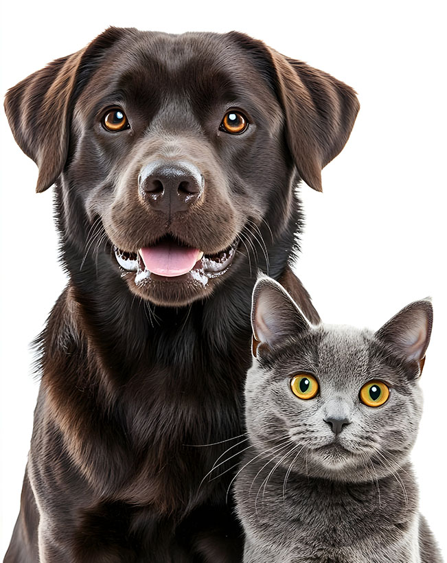 happy labrador and gray cat